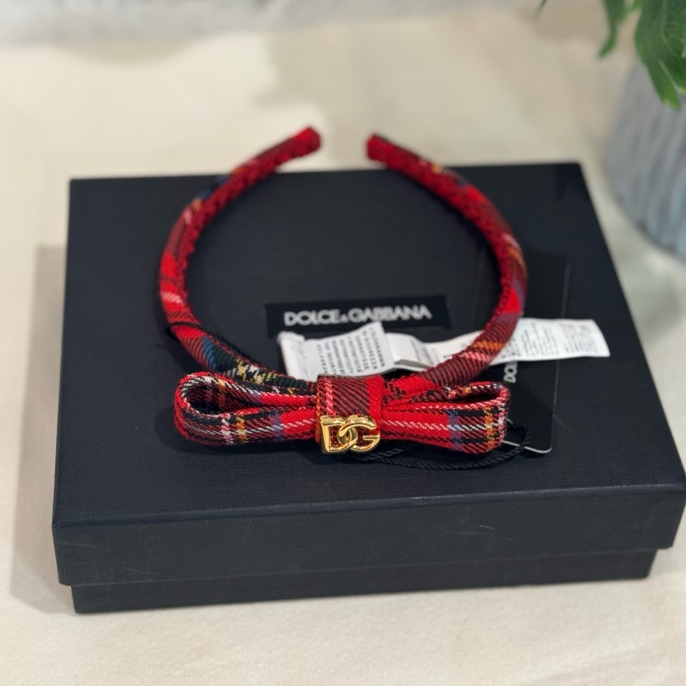SOLD‼️NEW✨Dolce & Gabbana Red Tartan Virgin Wool Girls Hairband Headband - Picture 5 of 12